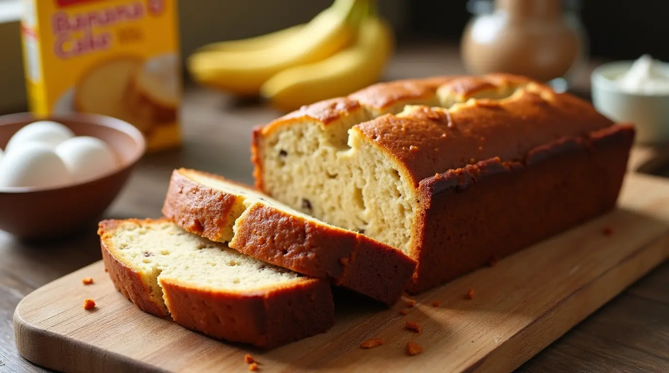 A slice of moist and fluffy Cake Mix Banana Bread, made with yellow cake mix and ripe bananas, displayed on a rustic wooden cutting board.